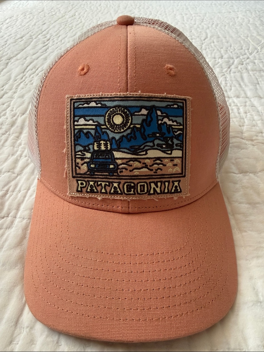 Patagonia Peach and Beige Mesh Trucker Hat with Scenic Patch